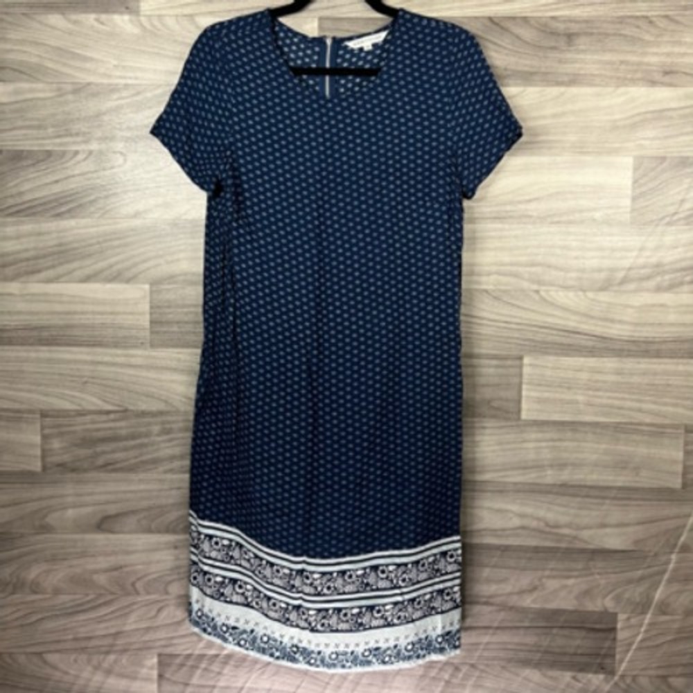 Downeast‎ Womens Shift Dress Blue White Geometric Floral Scoop Short Sleeve XS